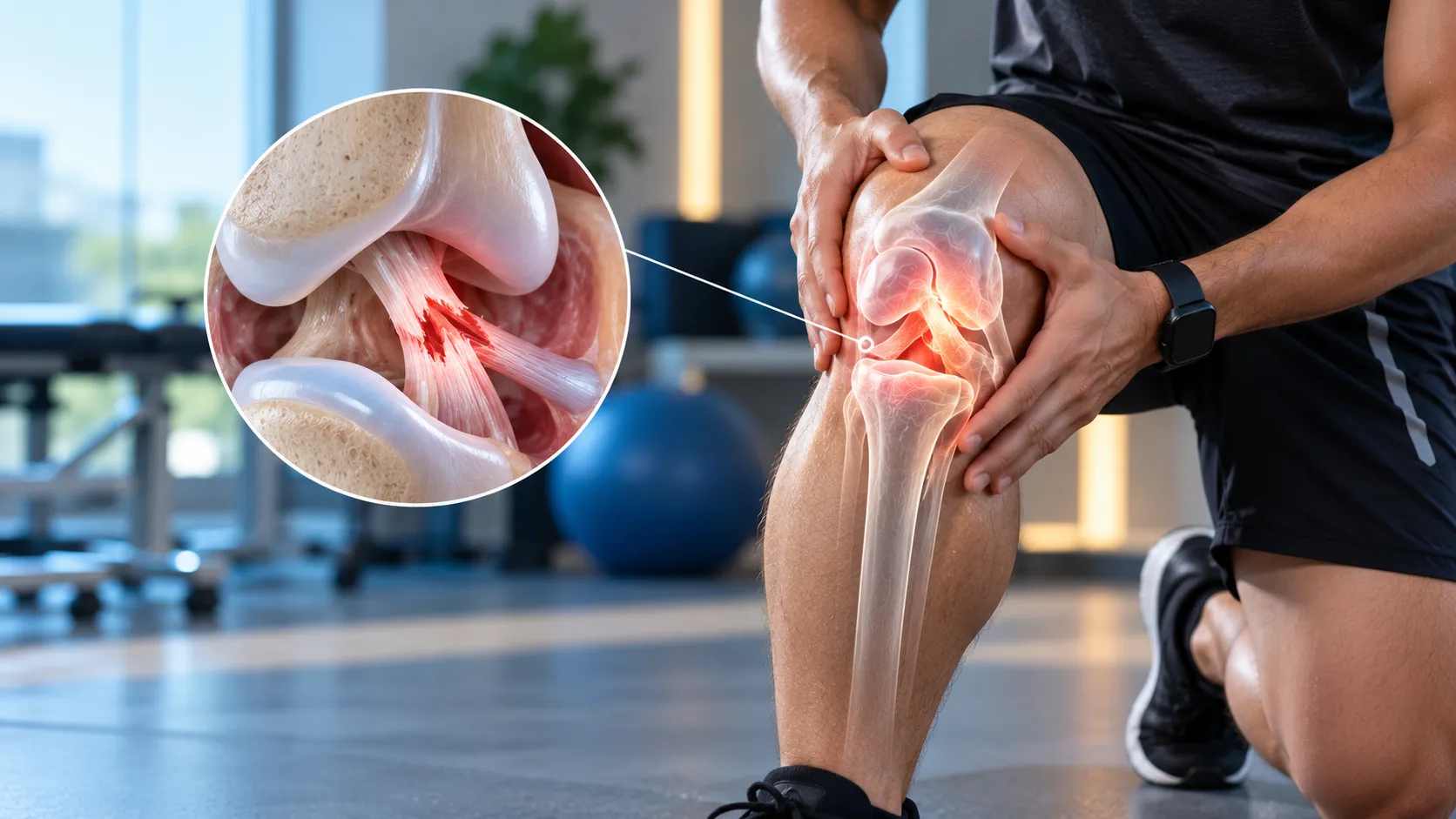 Illustration of a torn ACL (anterior cruciate ligament) inside an athlete's knee