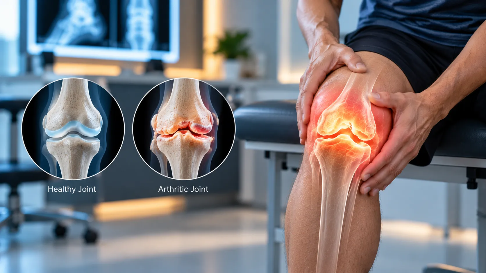 Illustration comparing a healthy knee joint with an arthritic knee joint worn by osteoarthritis