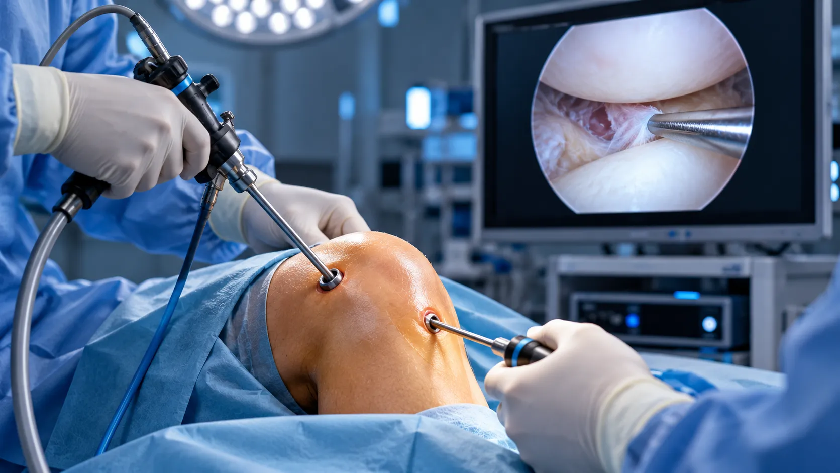 Knee arthroscopy (keyhole surgery) in an operating theatre, the arthroscope's camera view on a monitor