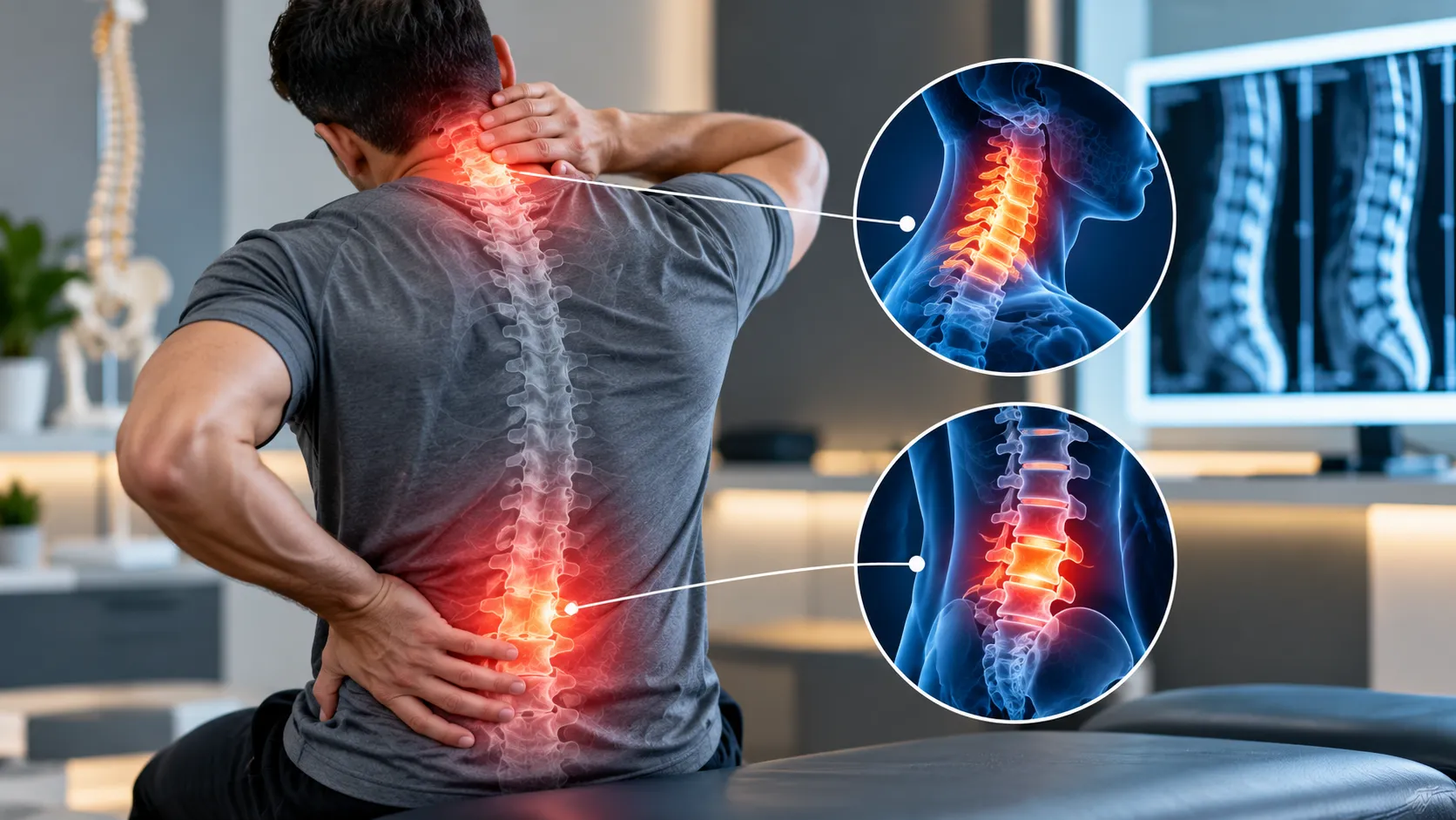 Illustration of neck pain and lower back pain along the spine, the cervical and lumbar discs highlighted