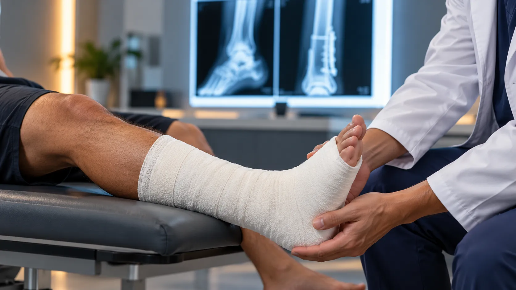 Doctor examining a bandaged ankle fracture, with ankle X-rays showing a fixation plate on a screen behind