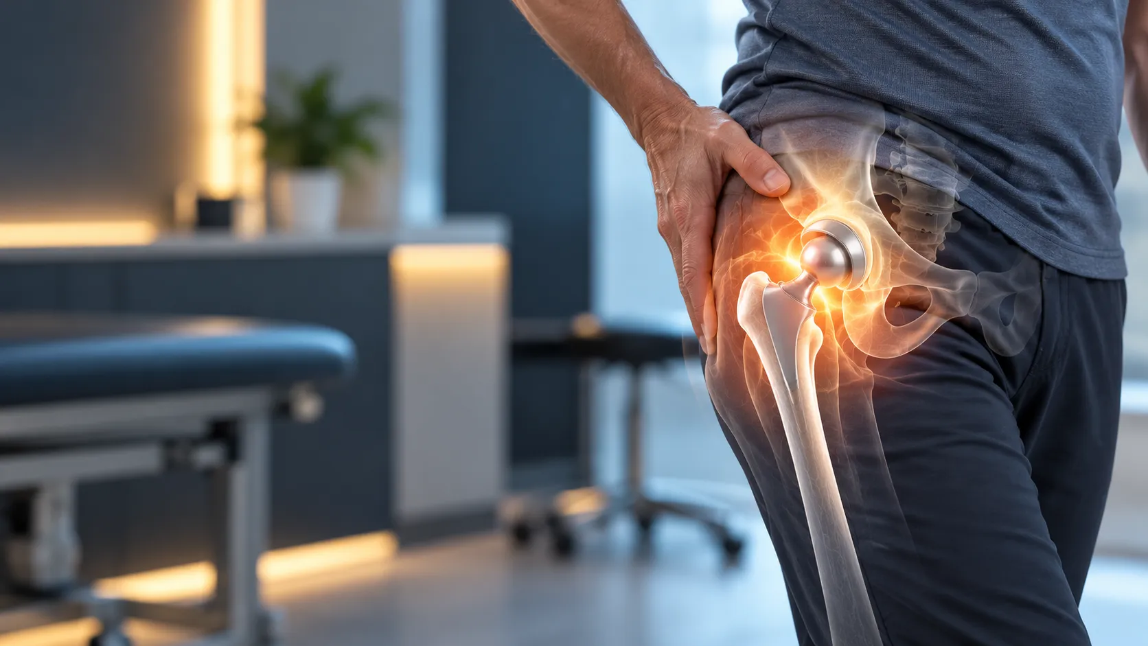 Illustration of a hip replacement implant: the artificial ball and socket inside the hip joint