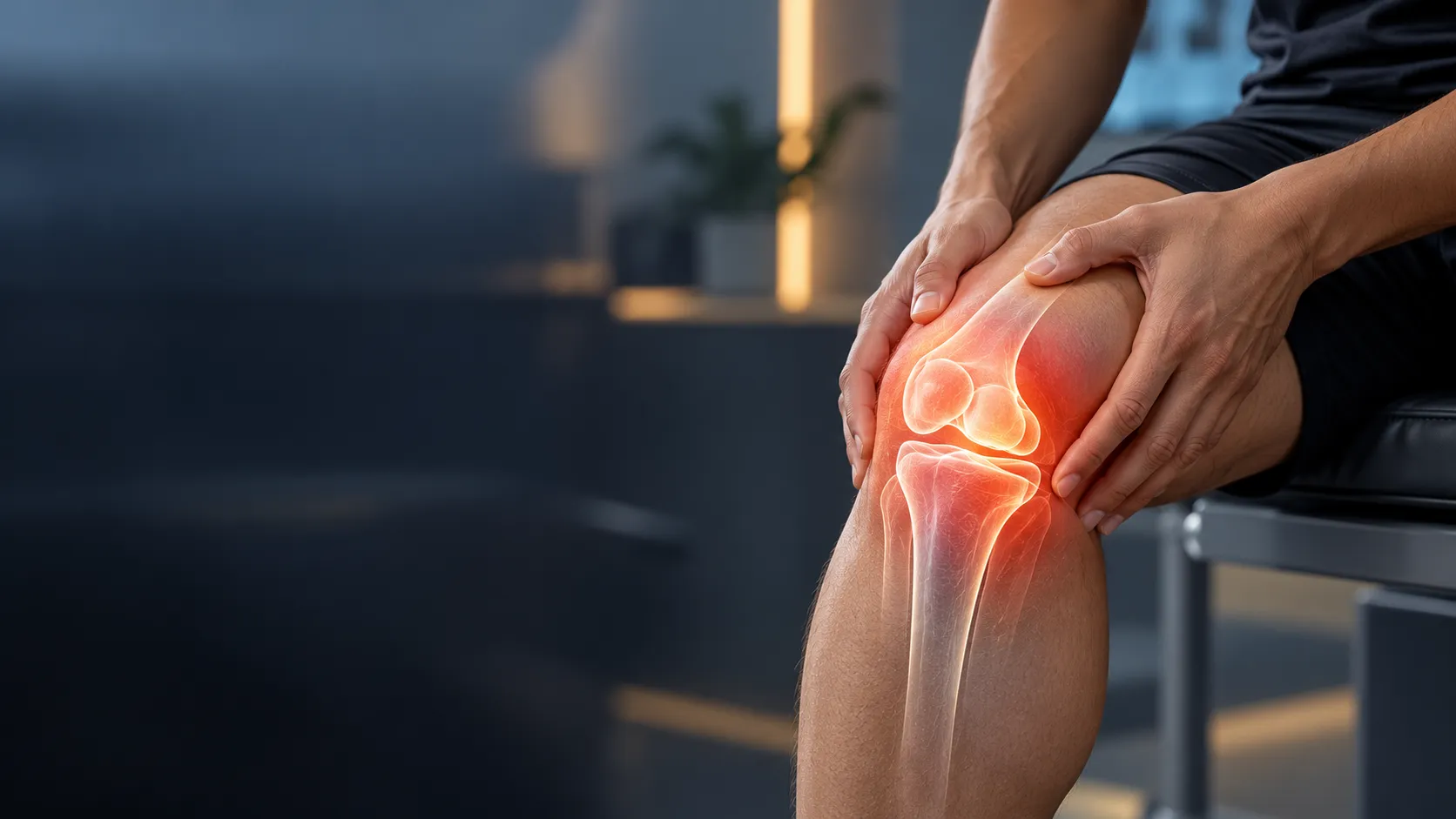 Illustration of knee pain, with the inflamed knee joint highlighted under the skin