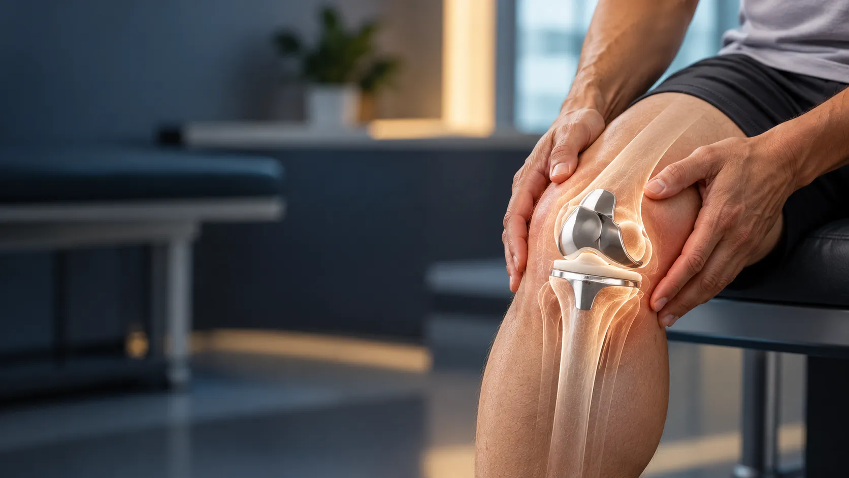 Illustration of a total knee replacement implant inside the knee joint