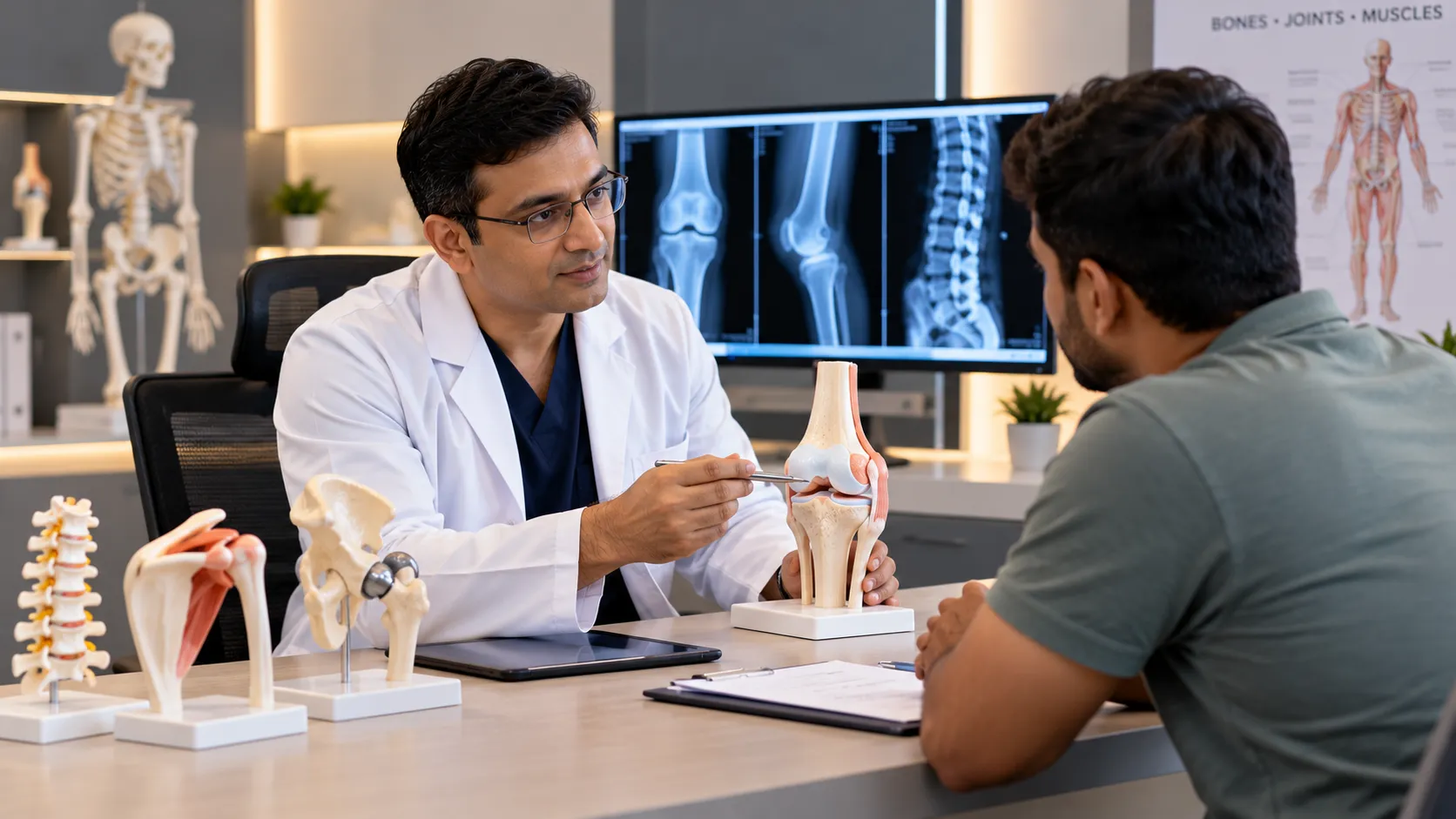 Illustration of an orthopaedic consultation: a doctor explains a knee joint model and X-rays to a patient