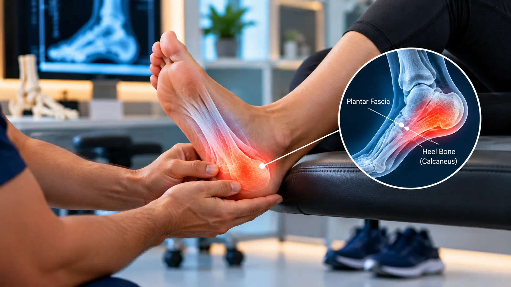 Illustration of plantar fasciitis: a clinician examines a painful heel, with an inset showing the plantar fascia and heel bone (calcaneus)