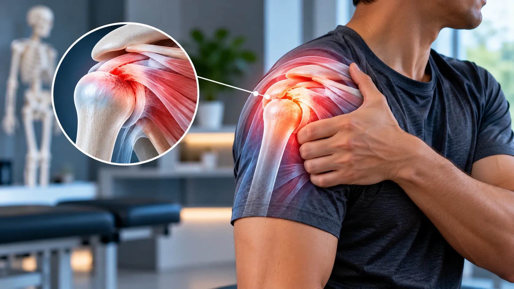 Illustration of shoulder pain, with the rotator cuff and shoulder joint highlighted