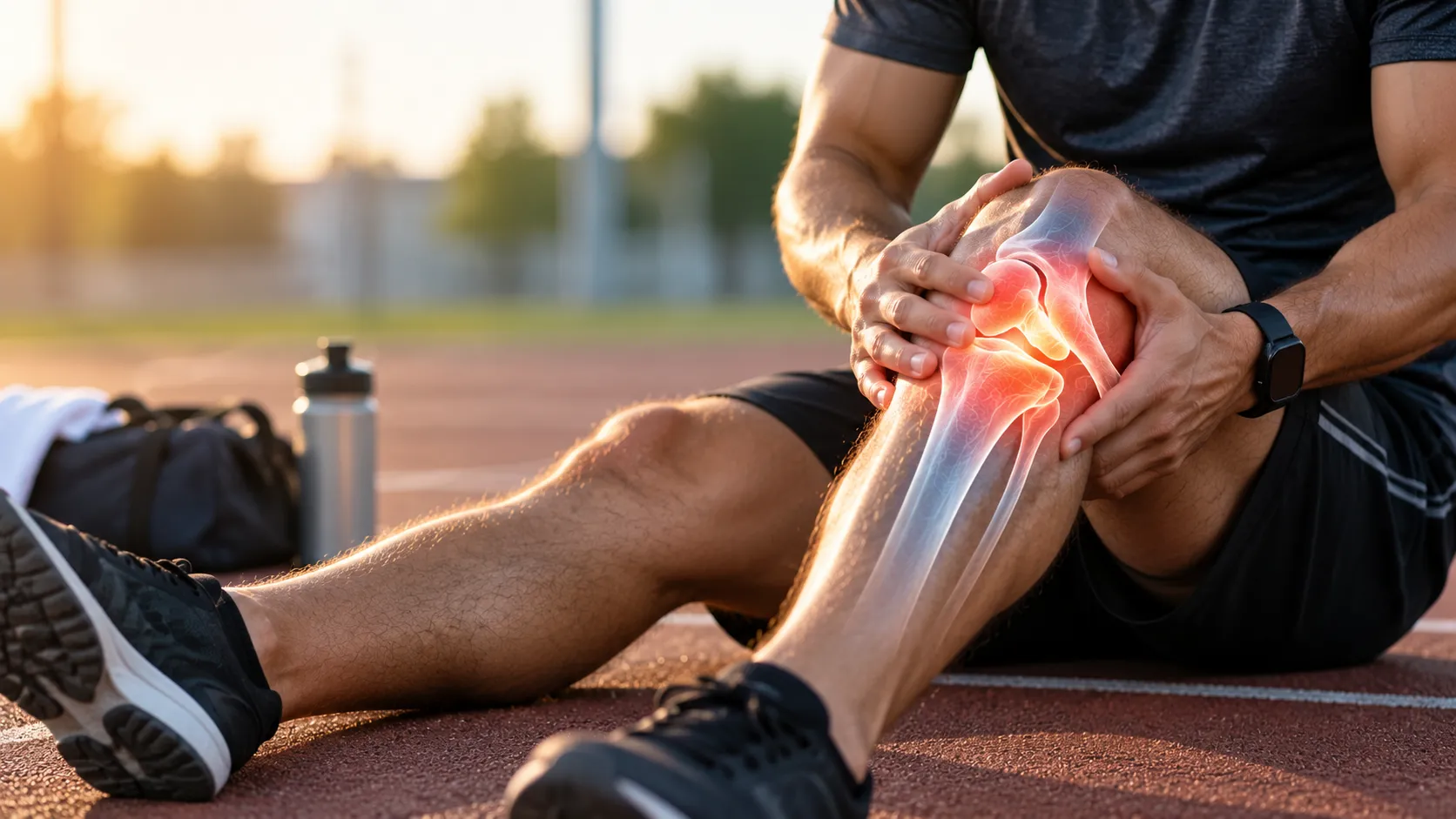 Runner holding an injured knee on a running track, a common sports knee injury